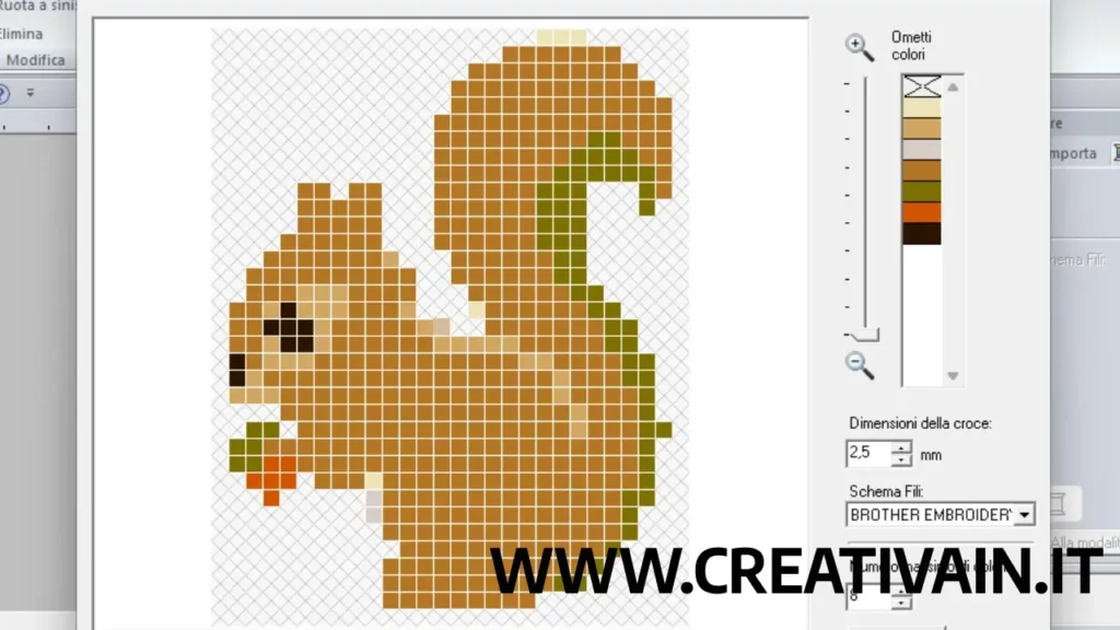 Finestra di configurazione dei parametri e della palette colori per il punto croce in PE-Design 11