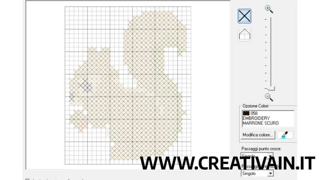 Schermata di modifica manuale dei punti croce e dei dettagli in PE-Design 11.