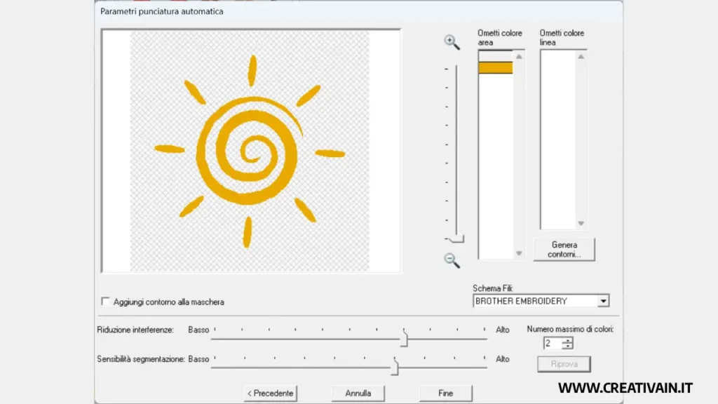 Finestra dei parametri di punciatura automatica in PE-Design 11 con l'anteprima di un disegno a forma di sole e i cursori di regolazione.